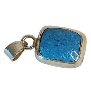 Large Sterling Silver Rectangle Blue Turquoise Colored Pendant In Resin Mexico